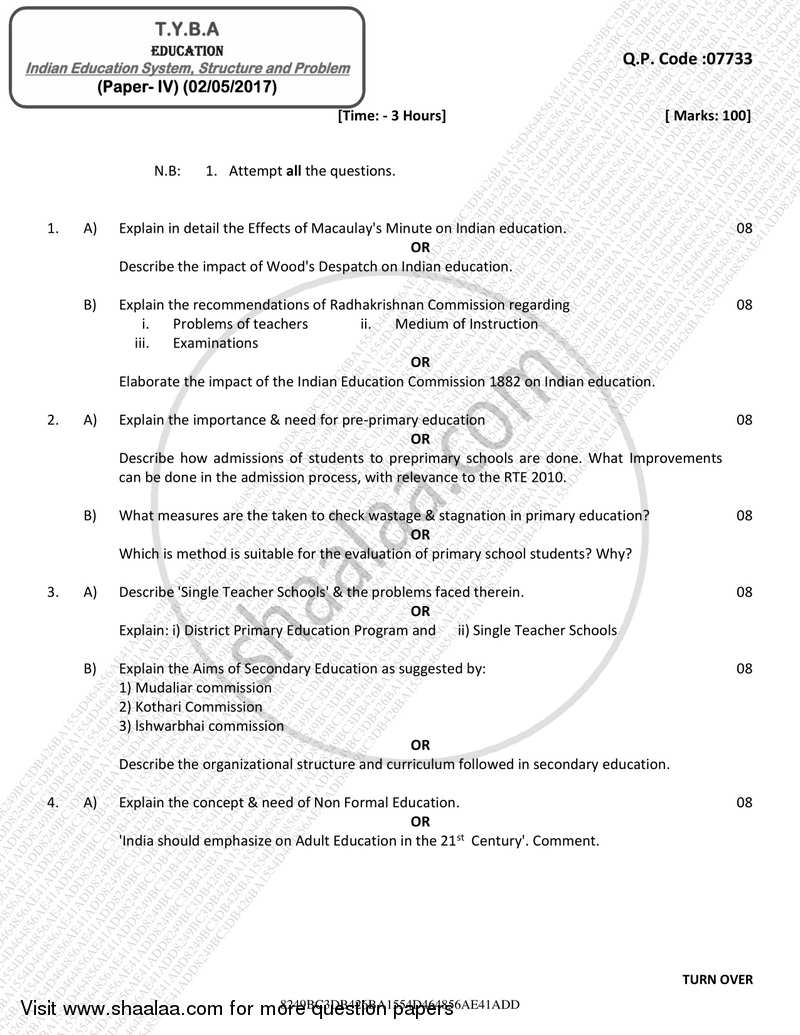 Indian Education System, Structure and Problem 2016-2017 - B.A. - 3rd Year (TYBA) - University of Mumbai question paper with PDF download