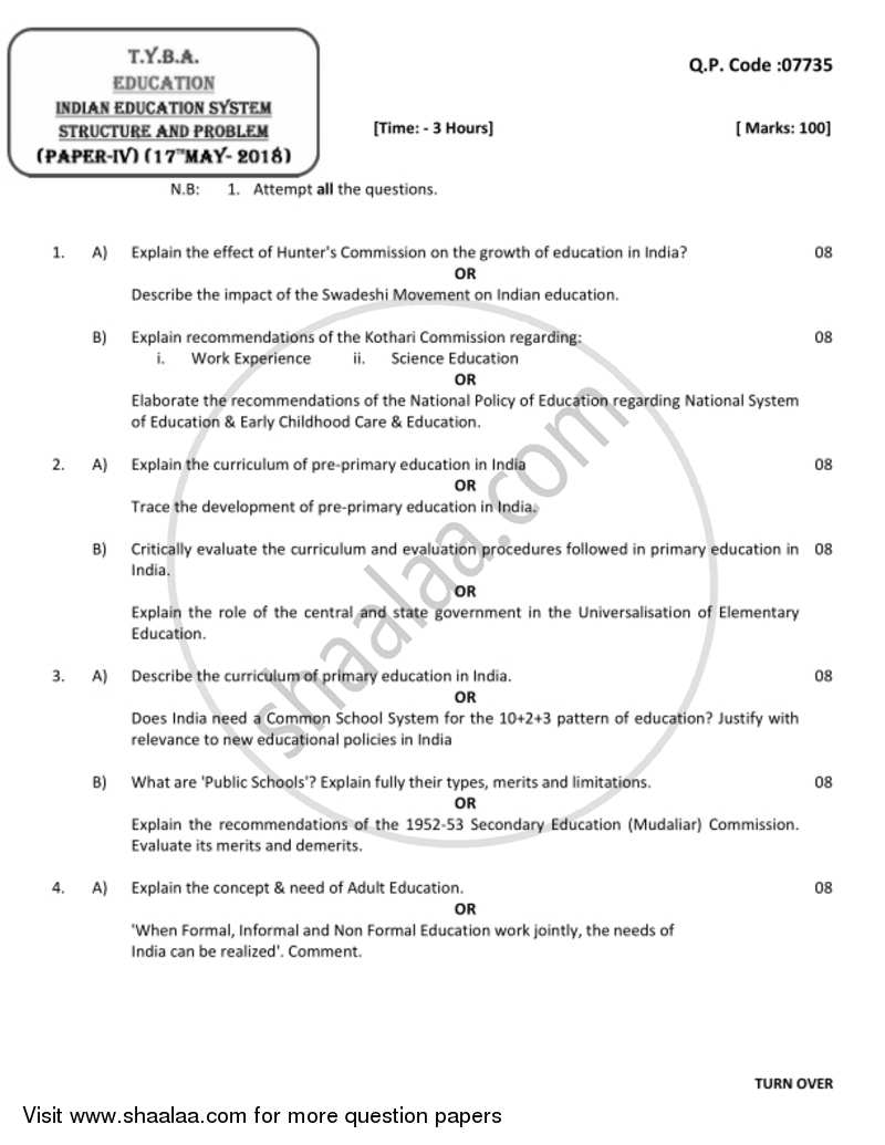 Indian Education System, Structure and Problem 2017-2018 - B.A. - 3rd Year (TYBA) - University of Mumbai question paper with PDF download
