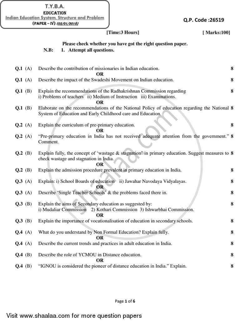 Indian Education System, Structure and Problem 2017-2018 - B.A. - 3rd Year (TYBA) - University of Mumbai question paper with PDF download
