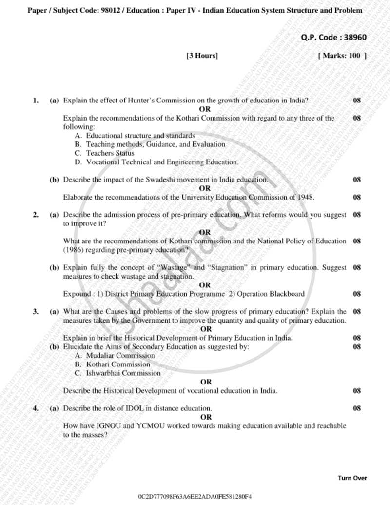 Indian Education System, Structure and Problem 2018-2019 - B.A. - 3rd Year (TYBA) - University of Mumbai question paper with PDF download