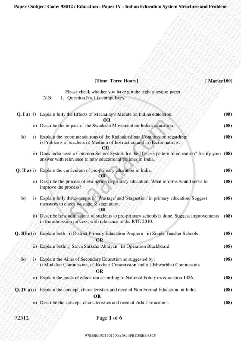 Indian Education System, Structure and Problem 2018-2019 - B.A. - 3rd Year (TYBA) - University of Mumbai question paper with PDF download