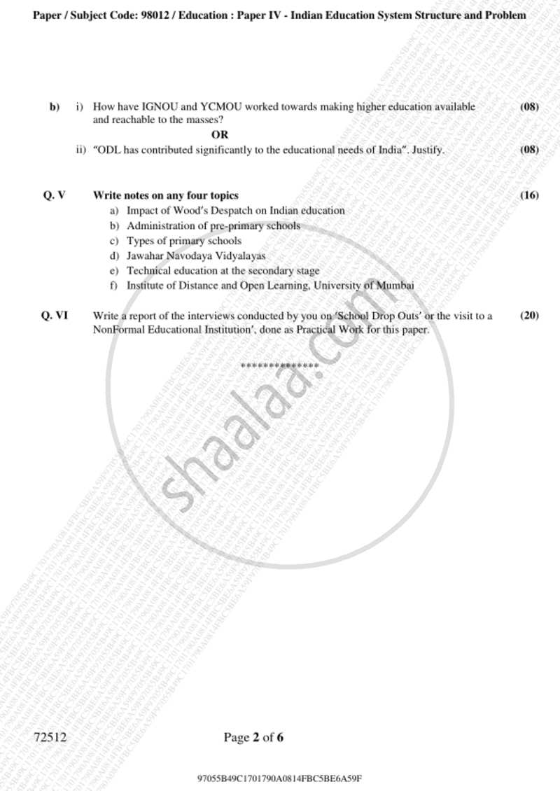 Indian Education System, Structure and Problem 2018-2019 - B.A. - 3rd Year (TYBA) - University of Mumbai question paper with PDF download