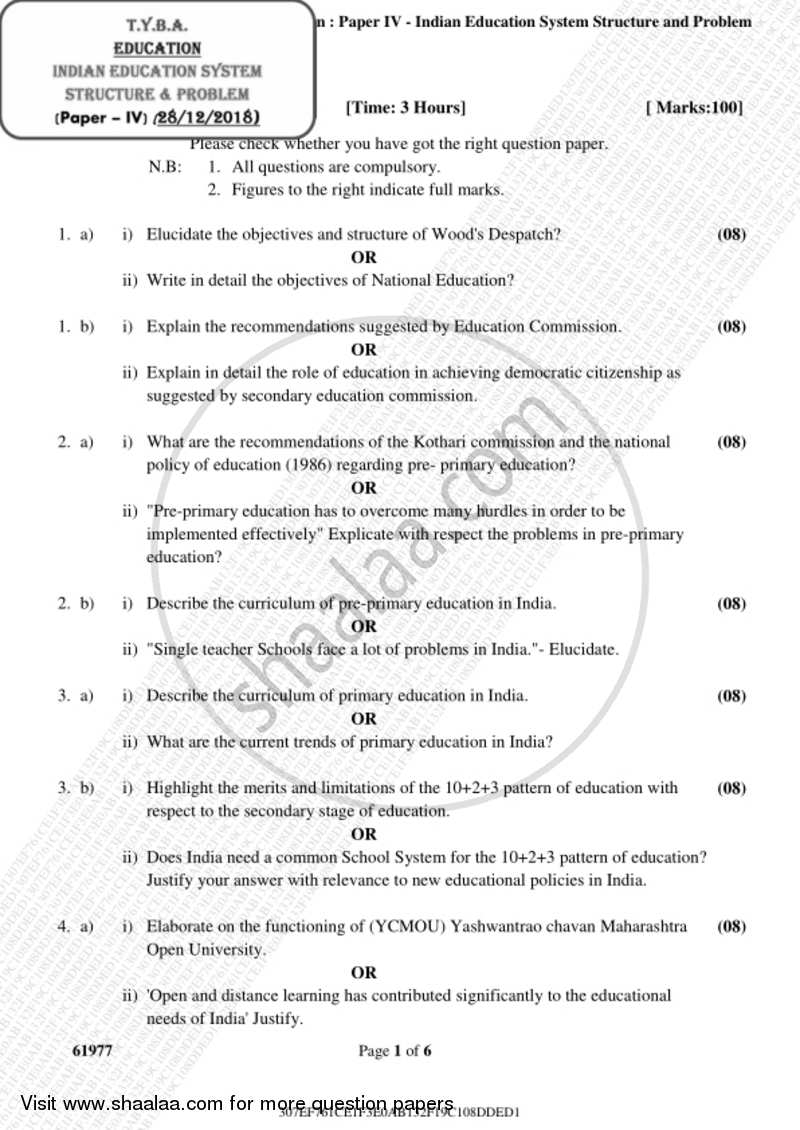 Indian Education System, Structure and Problem 2018-2019 - B.A. - 3rd Year (TYBA) - University of Mumbai question paper with PDF download