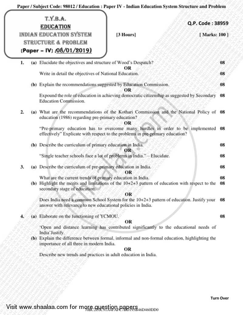 Indian Education System, Structure and Problem 2018-2019 - B.A. - 3rd Year (TYBA) - University of Mumbai question paper with PDF download