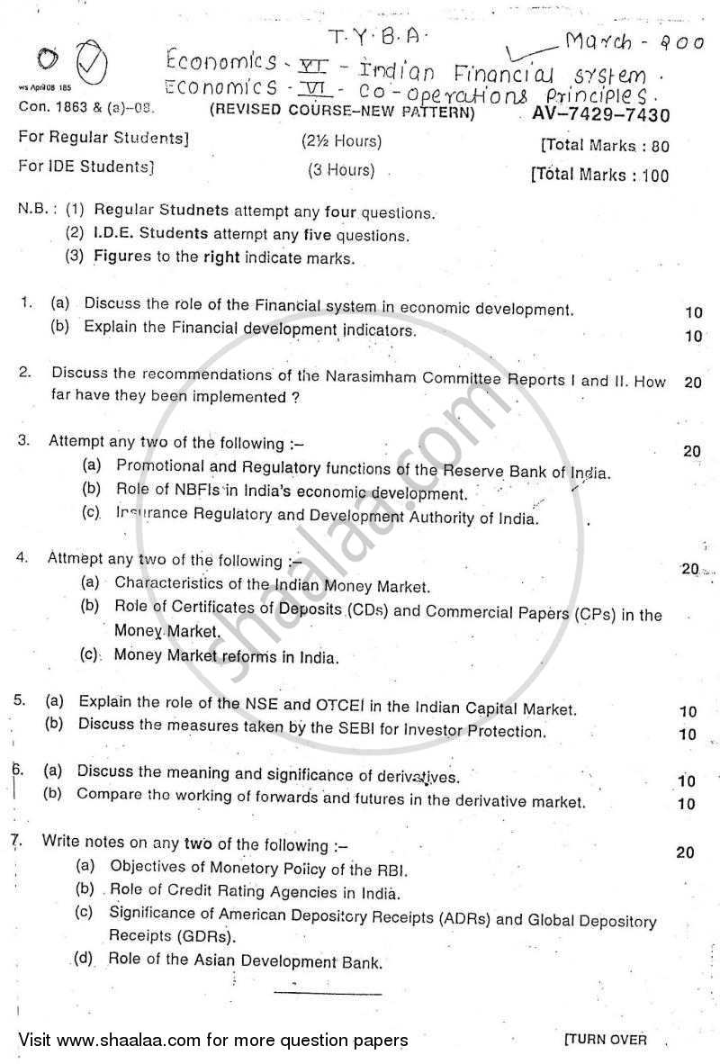 Indian Financial System 2007-2008 - B.A. - Semester 6 (TYBA) - University of Mumbai question paper with PDF download