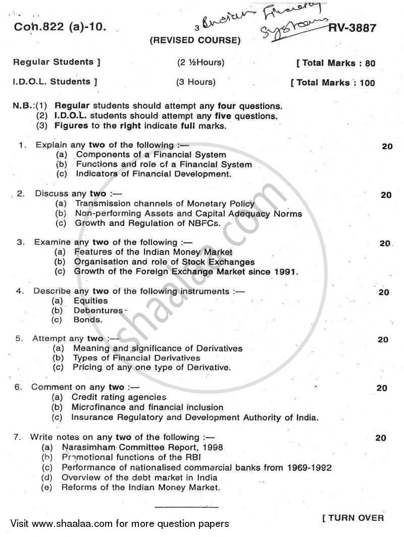 Indian Financial System 2009-2010 - B.A. - Semester 6 (TYBA) - University of Mumbai question paper with PDF download
