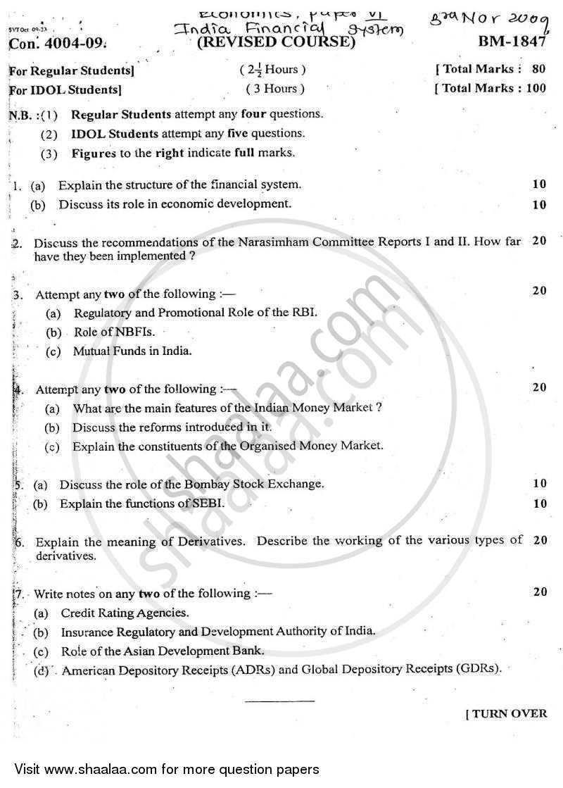 Indian Financial System 2009-2010 - B.A. - Semester 6 (TYBA) - University of Mumbai question paper with PDF download