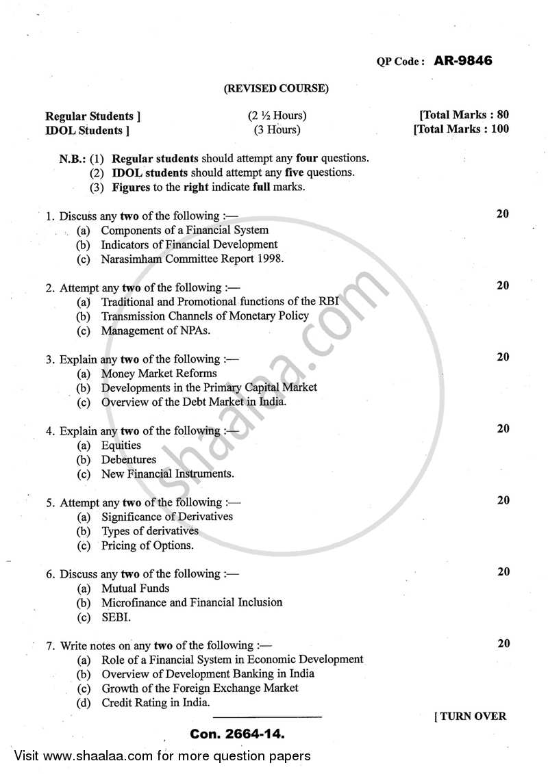 Indian Financial System 2013-2014 - B.A. - 3rd Year (TYBA) - University of Mumbai question paper with PDF download