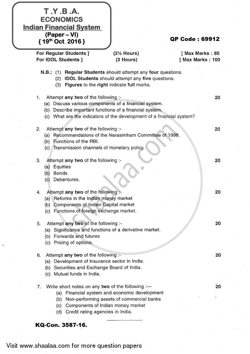 Indian Financial System 2016-2017 - B.A. - 3rd Year (TYBA) - University of Mumbai question paper with PDF download