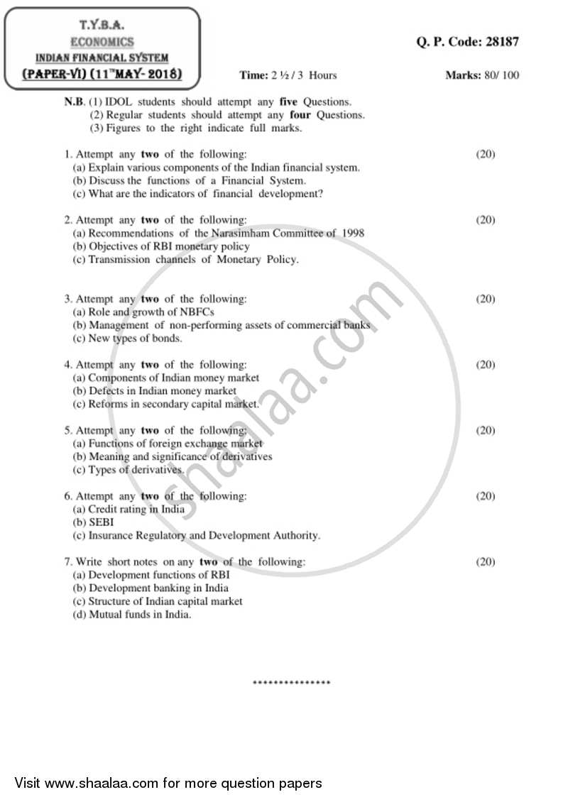 Indian Financial System 2017-2018 - B.A. - 3rd Year (TYBA) - University of Mumbai question paper with PDF download