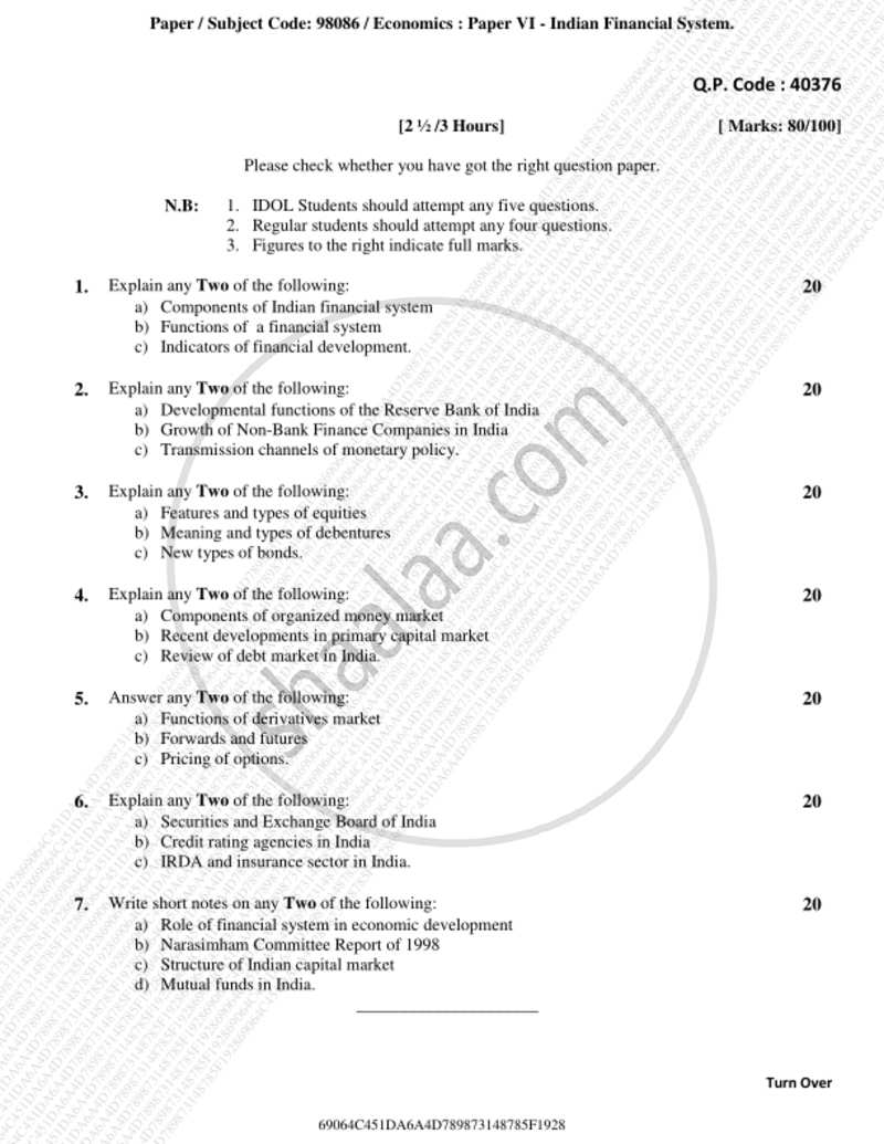 Indian Financial System 2018-2019 - B.A. - 3rd Year (TYBA) - University of Mumbai question paper with PDF download