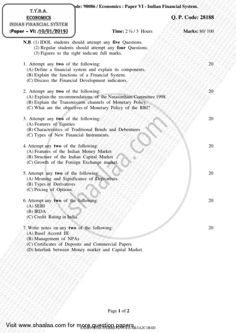 Indian Financial System 2018-2019 - B.A. - 3rd Year (TYBA) - University of Mumbai question paper with PDF download