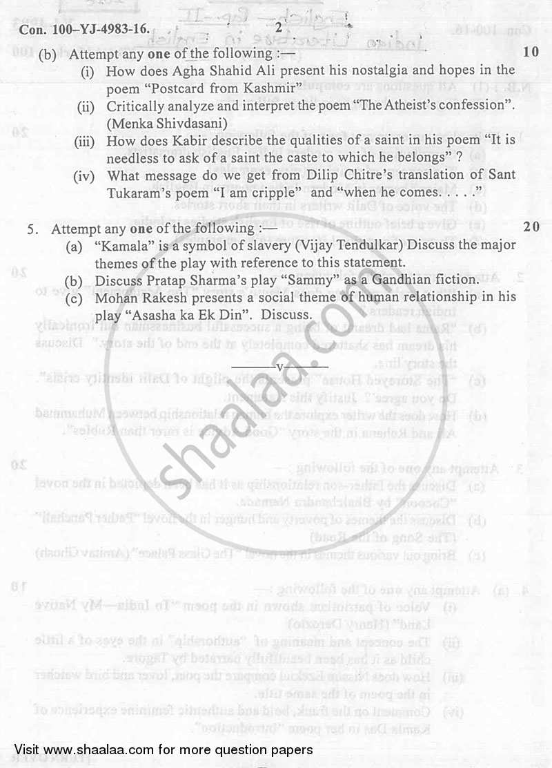 Indian Literature 2015-2016 - B.A. - 2nd Year (SYBA) - University of Mumbai question paper with PDF download