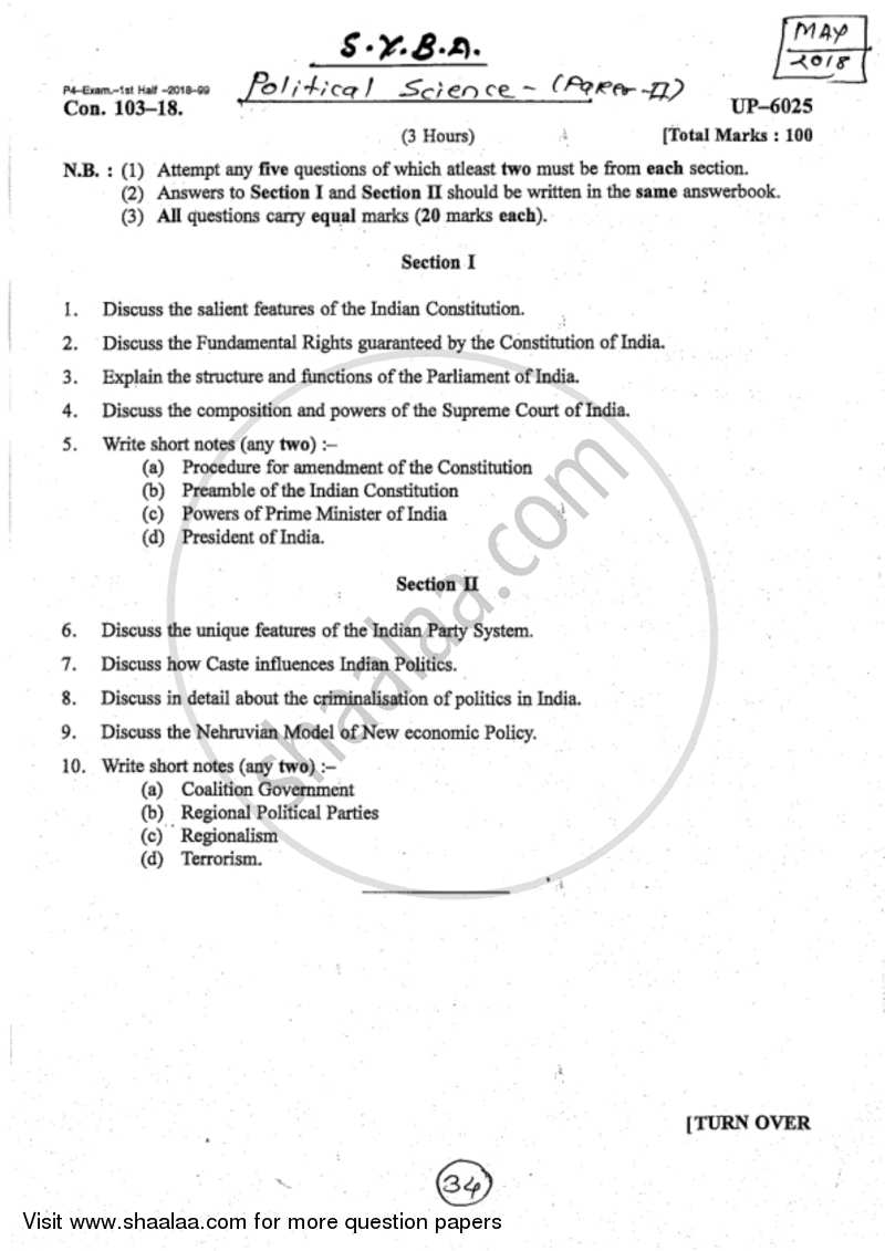 Indian Political System 2017-2018 - B.A. - 2nd Year (SYBA) - University of Mumbai question paper with PDF download