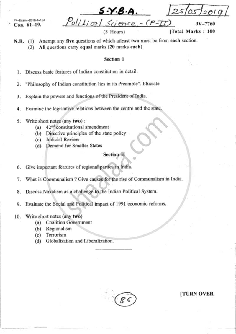 Indian Political System 2018-2019 - B.A. - 2nd Year (SYBA) - University of Mumbai question paper with PDF download