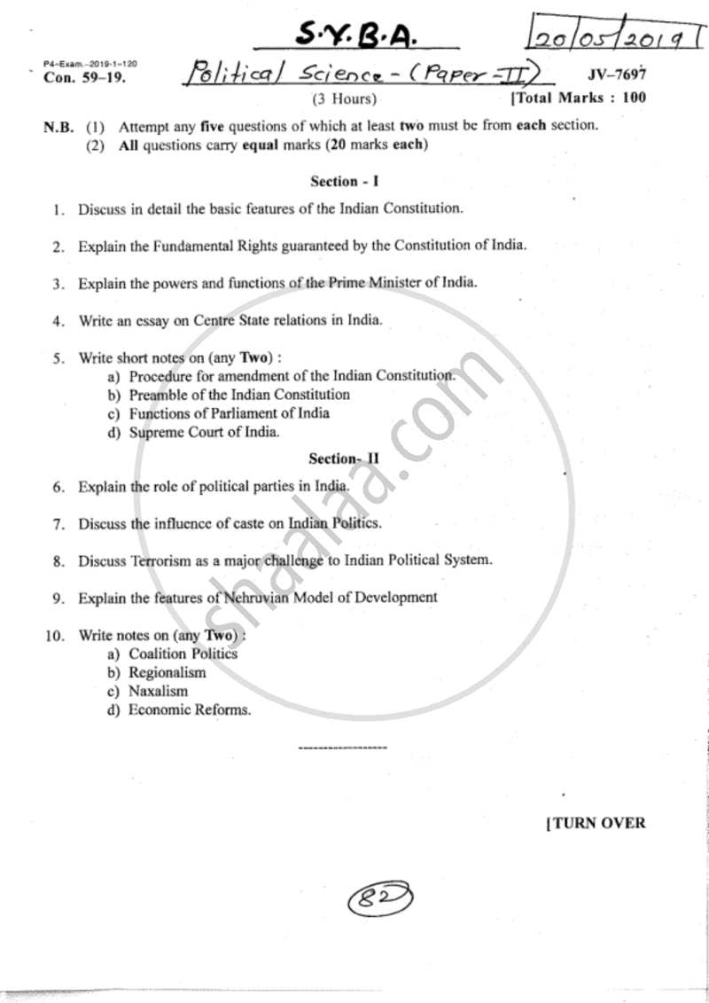 Indian Political System 2018-2019 - B.A. - 2nd Year (SYBA) - University of Mumbai question paper with PDF download