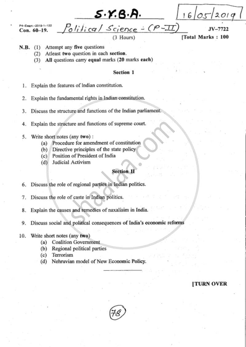 Indian Political System 2018-2019 - B.A. - 2nd Year (SYBA) - University of Mumbai question paper with PDF download