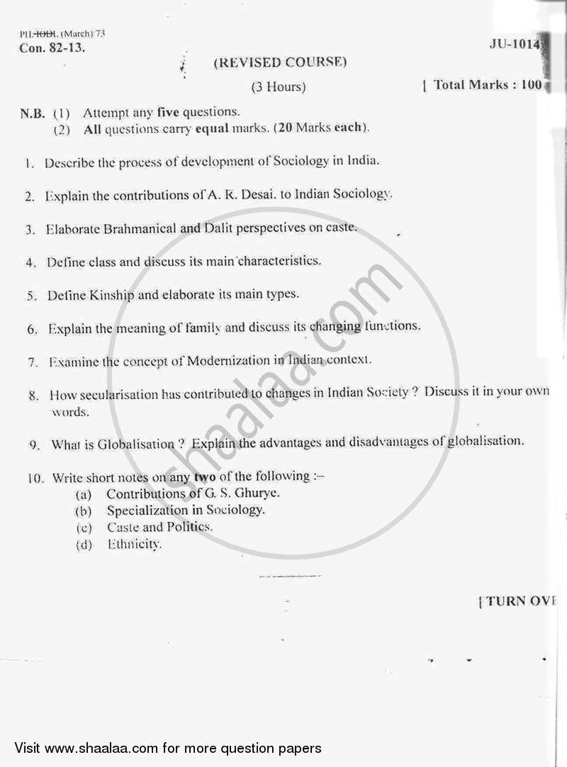 Indian Society - Concept, Structure and Process 2012-2013 - B.A. - 2nd Year (SYBA) - University of Mumbai question paper with PDF download