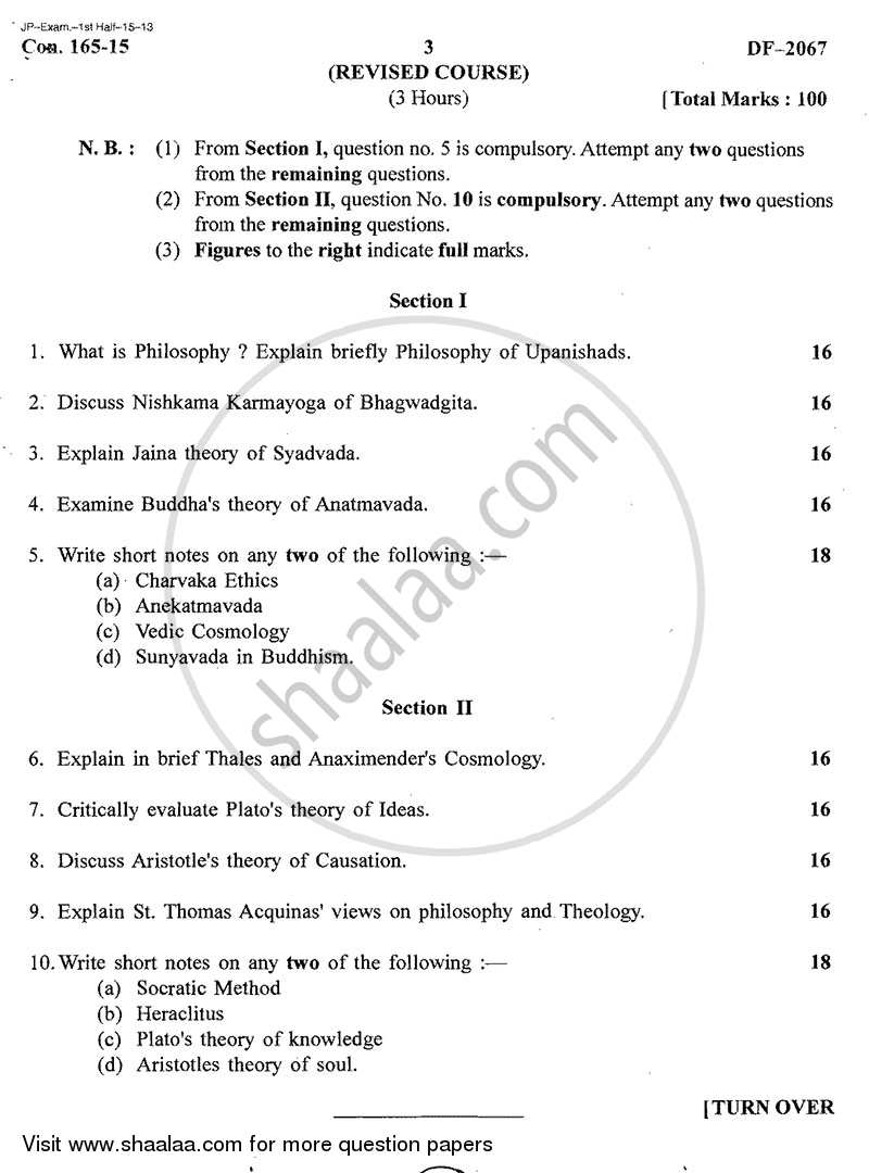Indian and Western Philosophy 2014-2015 - B.A. - 2nd Year (SYBA) - University of Mumbai question paper with PDF download
