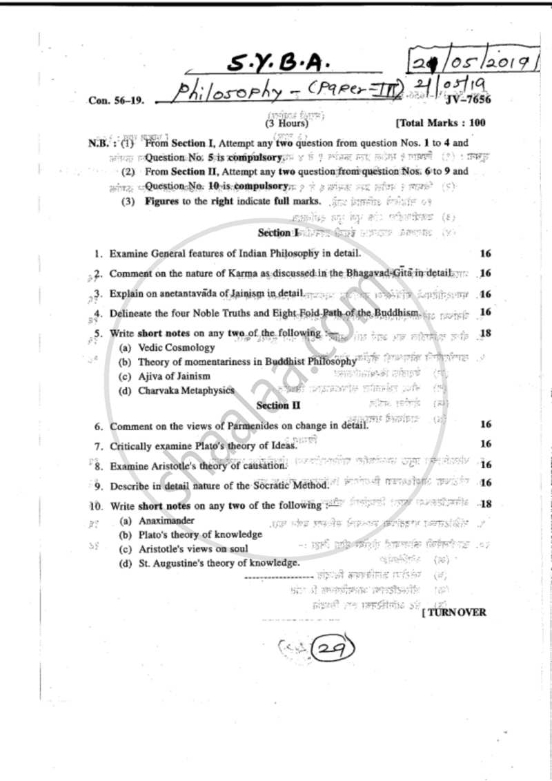 Indian and Western Philosophy 2018-2019 - B.A. - 2nd Year (SYBA) - University of Mumbai question paper with PDF download