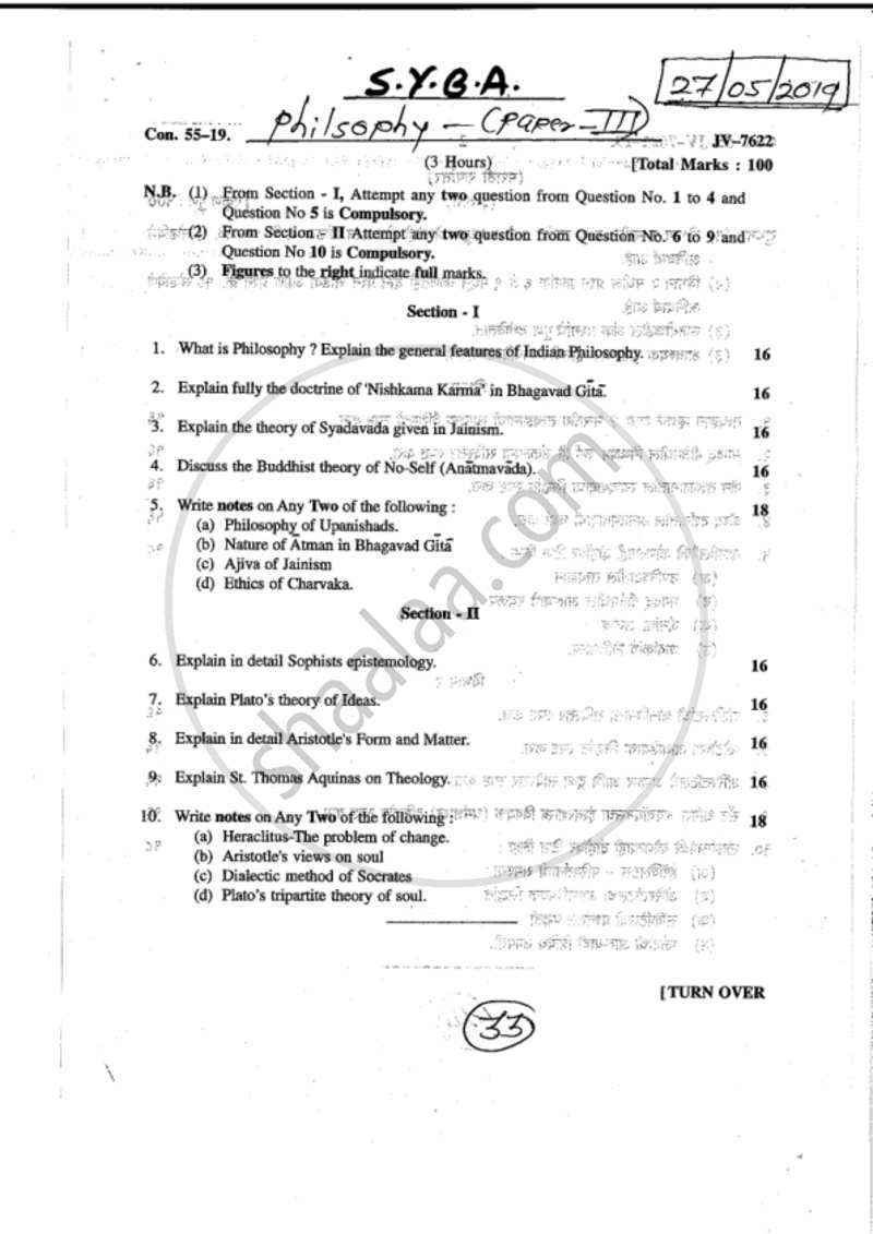 Indian and Western Philosophy 2018-2019 - B.A. - 2nd Year (SYBA) - University of Mumbai question paper with PDF download