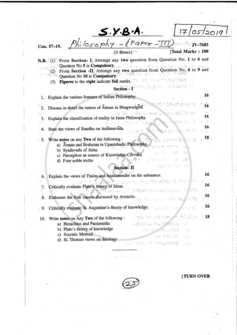 Indian and Western Philosophy 2018-2019 - B.A. - 2nd Year (SYBA) - University of Mumbai question paper with PDF download