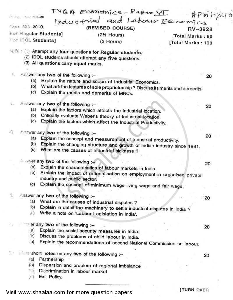 Industrial and Labour Economics 2009-2010 - B.A. - Semester 6 (TYBA) - University of Mumbai question paper with PDF download