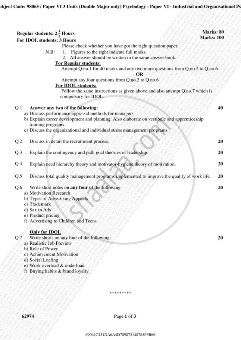 Industrial and Organisational Psychology 2018-2019 - B.A. - 3rd Year (TYBA) - University of Mumbai question paper with PDF download