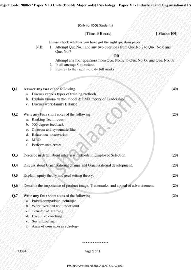 Industrial and Organisational Psychology 2018-2019 - B.A. - 3rd Year (TYBA) - University of Mumbai question paper with PDF download