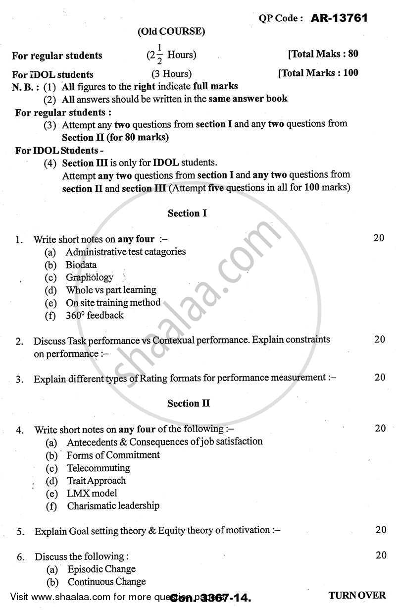 Industrial and Organizational Psychology 2013-2014 - B.A. - 3rd Year (TYBA) - University of Mumbai question paper with PDF download