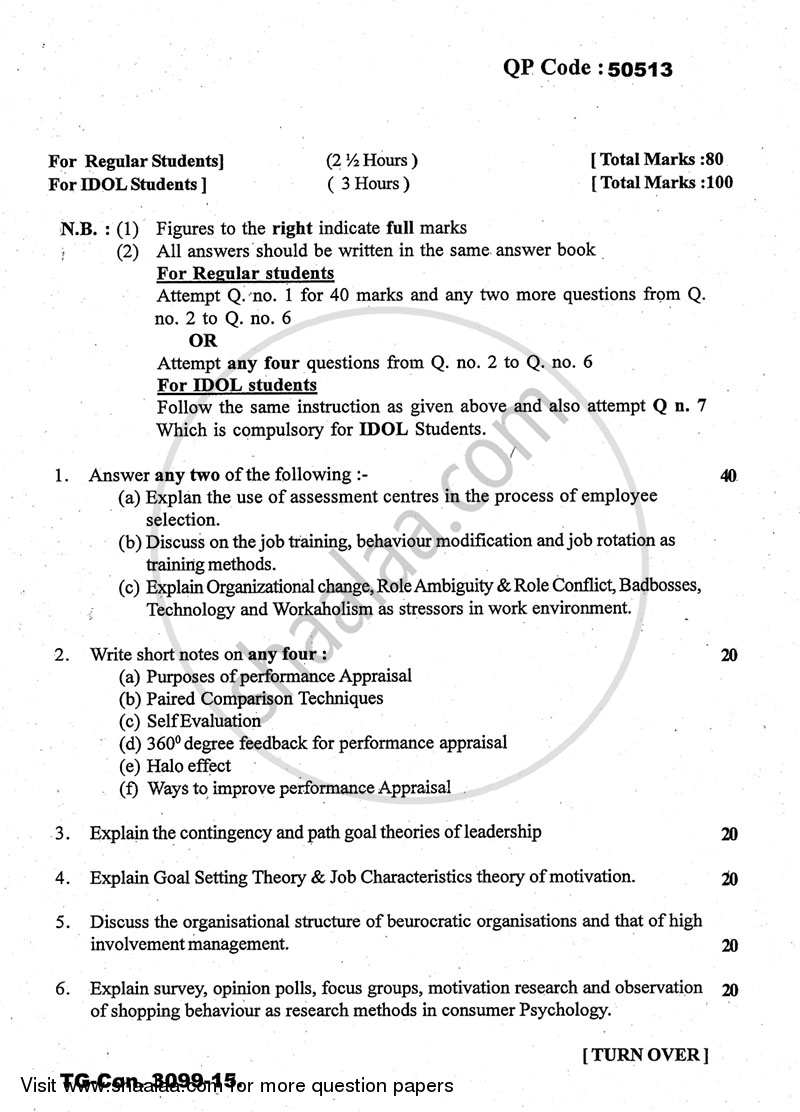 Industrial and Organizational Psychology 2014-2015 - B.A. - 3rd Year (TYBA) - University of Mumbai question paper with PDF download