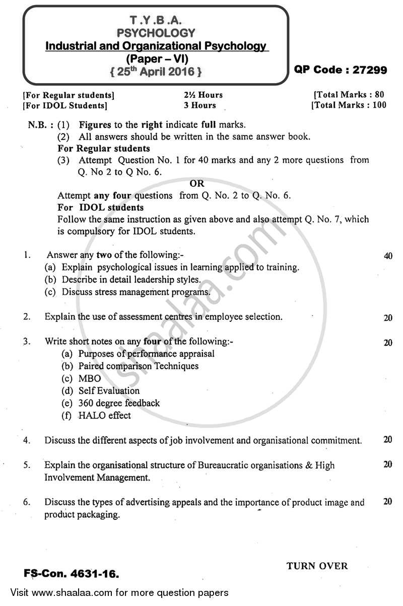 Industrial and Organizational Psychology 2015-2016 - B.A. - 3rd Year (TYBA) - University of Mumbai question paper with PDF download
