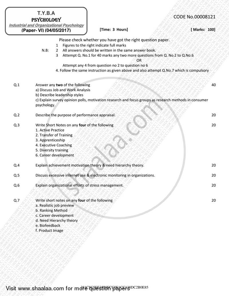 Industrial and Organizational Psychology 2016-2017 - B.A. - 3rd Year (TYBA) - University of Mumbai question paper with PDF download