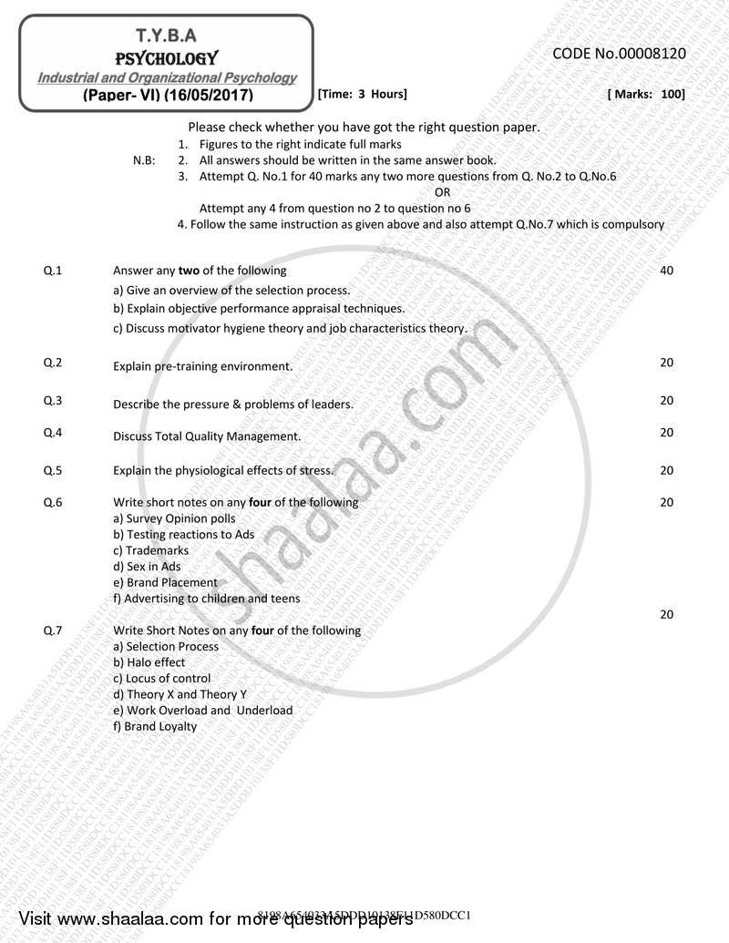 Industrial and Organizational Psychology 2016-2017 - B.A. - 3rd Year (TYBA) - University of Mumbai question paper with PDF download
