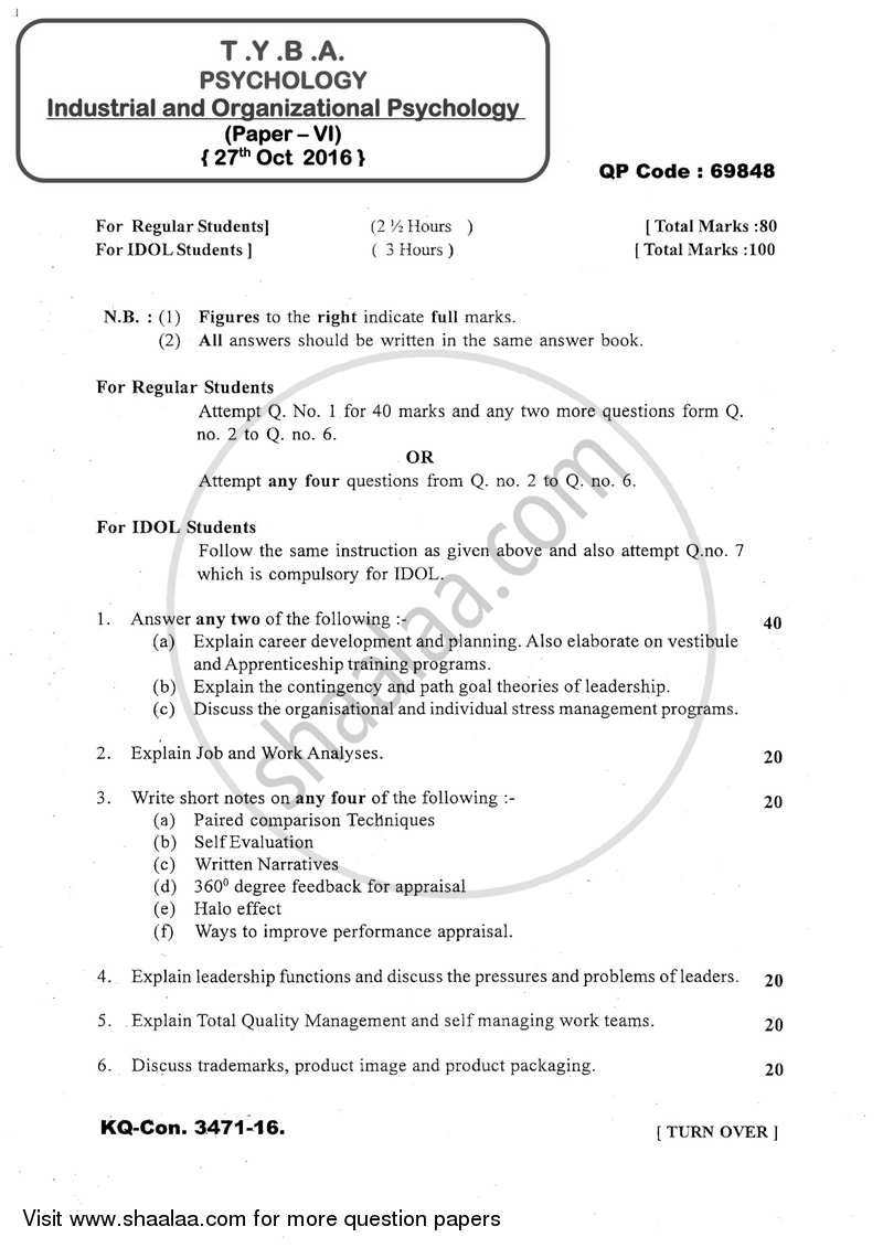 Industrial and Organizational Psychology 2016-2017 - B.A. - 3rd Year (TYBA) - University of Mumbai question paper with PDF download