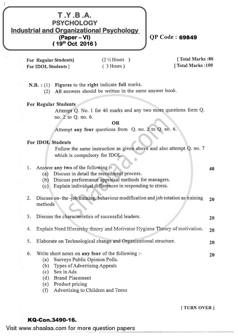 Industrial and Organizational Psychology 2016-2017 - B.A. - 3rd Year (TYBA) - University of Mumbai question paper with PDF download