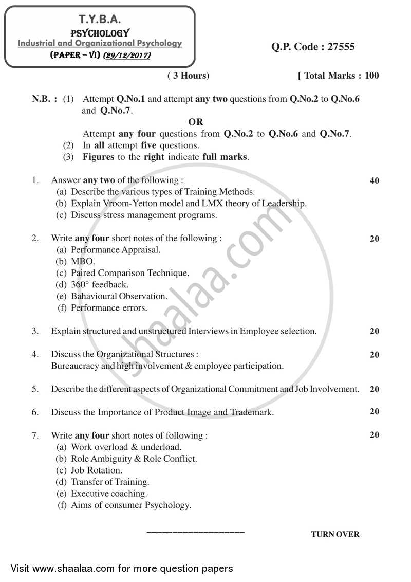Industrial and Organizational Psychology 2017-2018 - B.A. - 3rd Year (TYBA) - University of Mumbai question paper with PDF download
