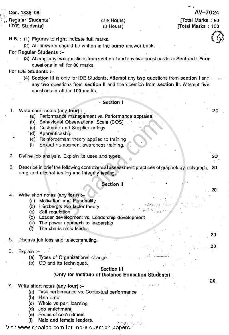 Industrial and Organizational Psychology 2007-2008 - B.A. - Semester 6 (TYBA) - University of Mumbai question paper with PDF download