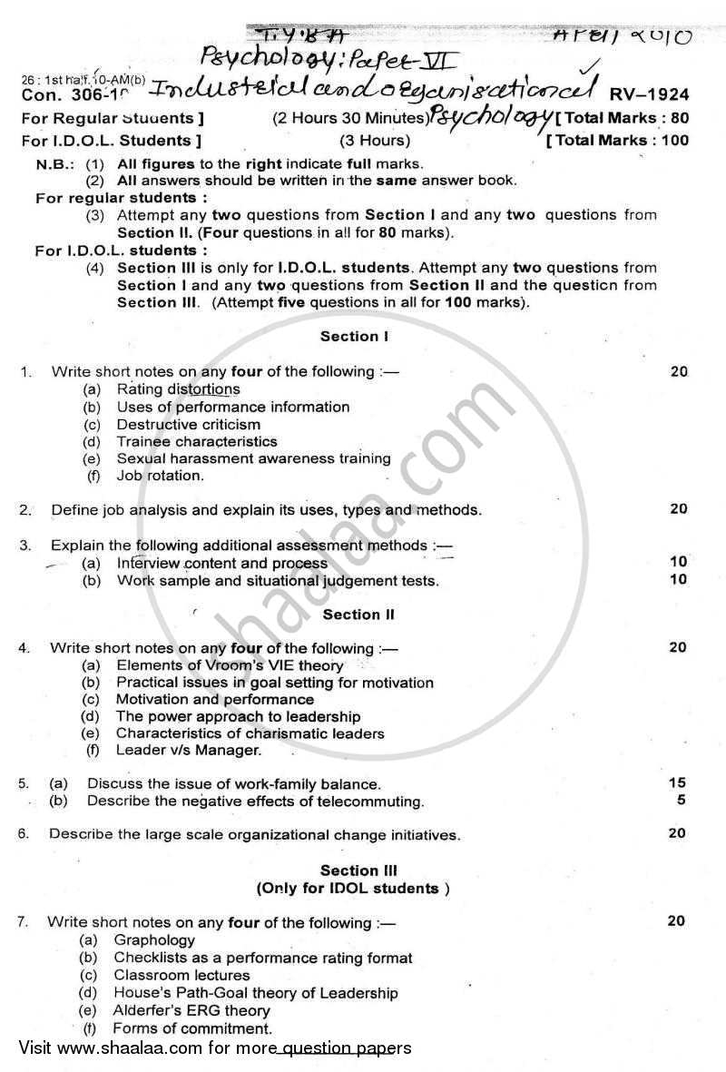 Industrial and Organizational Psychology 2009-2010 - B.A. - Semester 6 (TYBA) - University of Mumbai question paper with PDF download