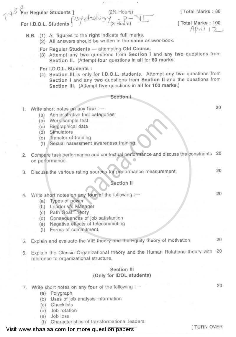 Industrial and Organizational Psychology 2011-2012 - B.A. - Semester 6 (TYBA) - University of Mumbai question paper with PDF download