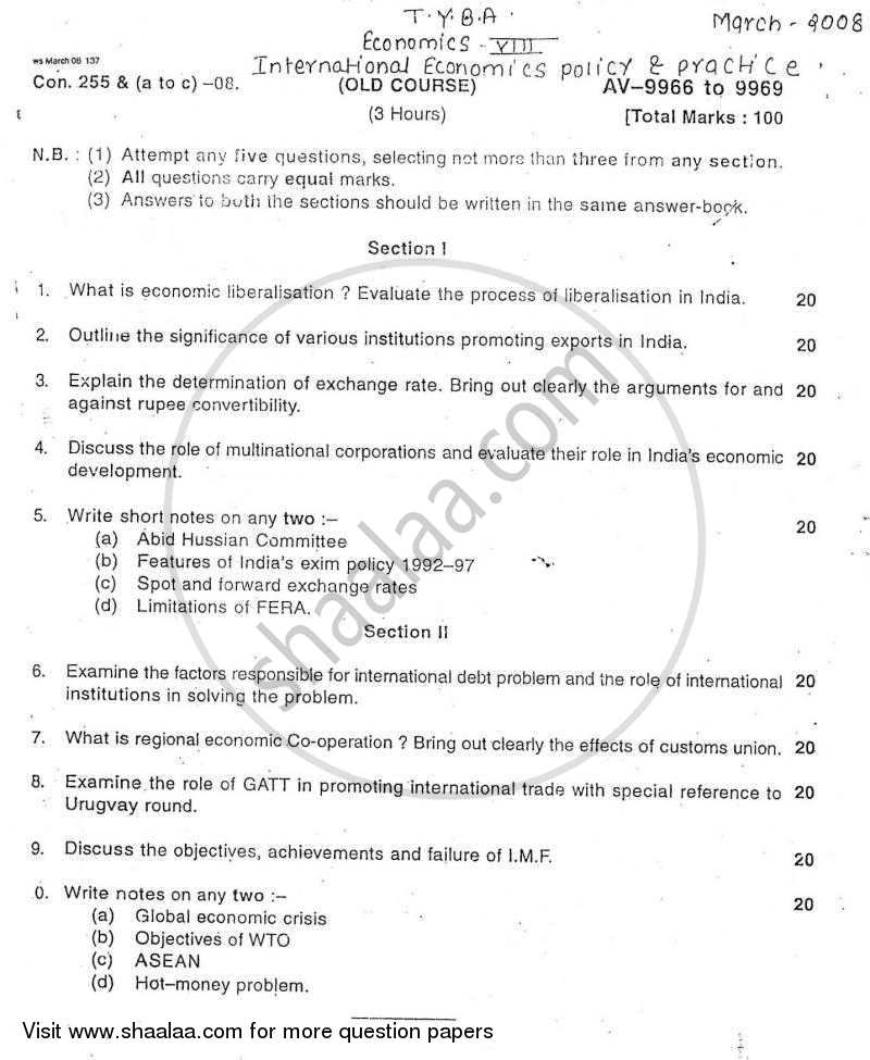 International Economics 2007-2008 - B.A. - 3rd Year (TYBA) - University of Mumbai question paper with PDF download