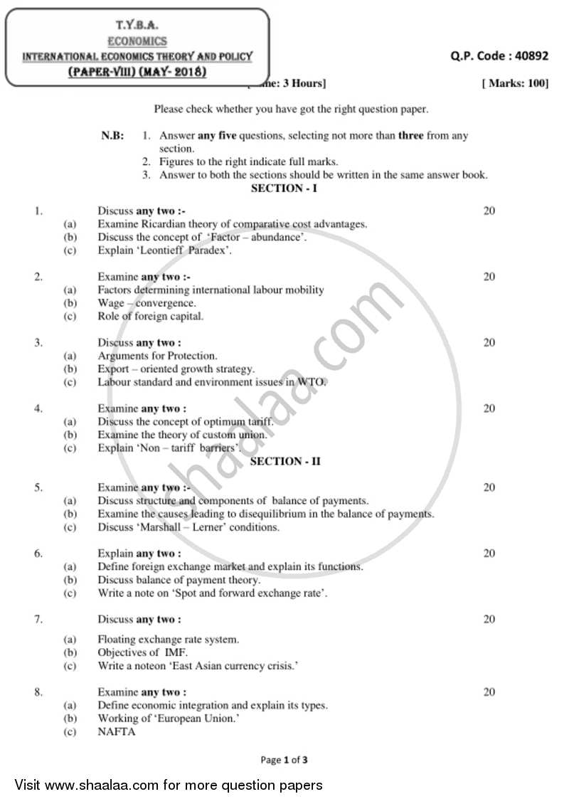 International Economics 2017-2018 - B.A. - 3rd Year (TYBA) - University of Mumbai question paper with PDF download