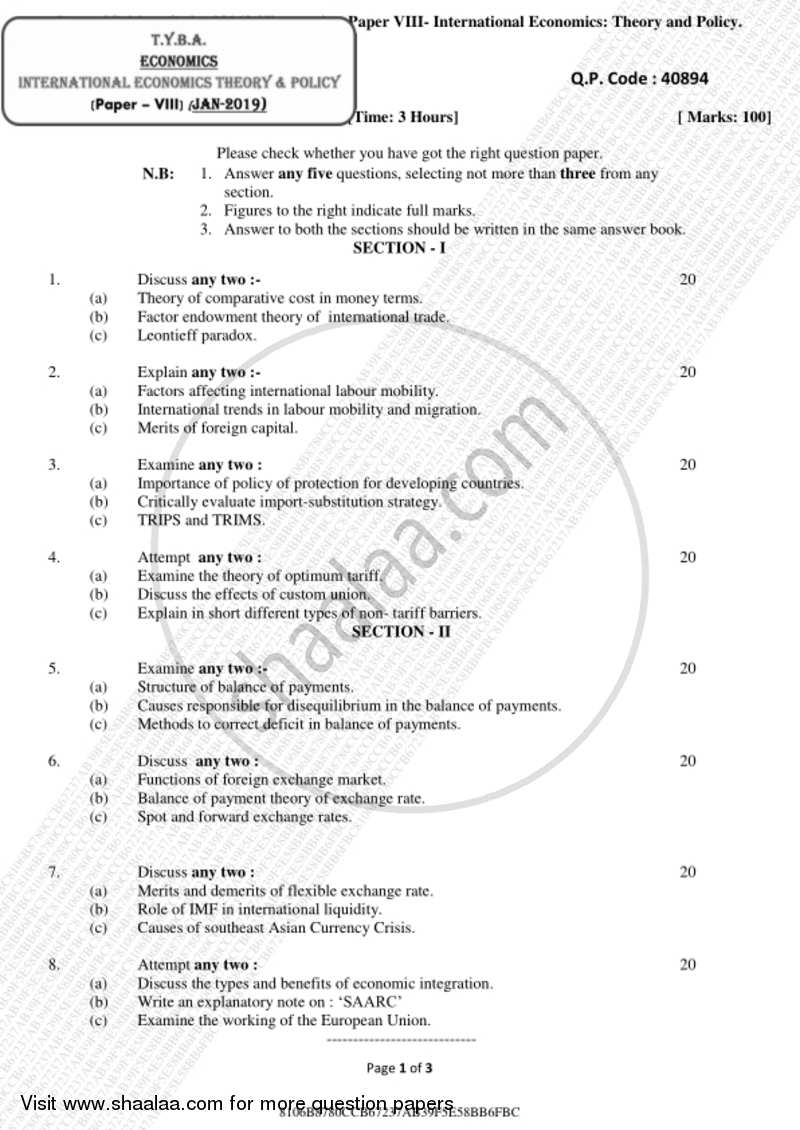International Economics 2018-2019 - B.A. - 3rd Year (TYBA) - University of Mumbai question paper with PDF download