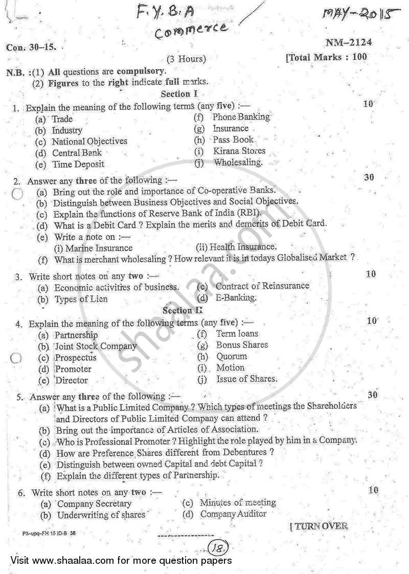 Introduction to Commerce and Business Organisation 2014-2015 - B.A. - 1st Year (FYBA) - University of Mumbai question paper with PDF download