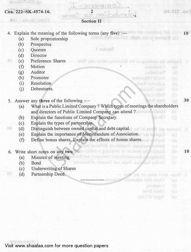 Introduction to Commerce and Business Organisation 2015-2016 - B.A. - 1st Year (FYBA) - University of Mumbai question paper with PDF download