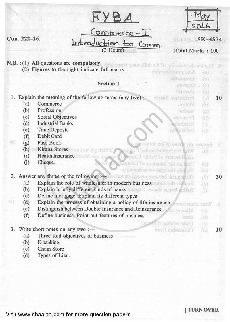 Introduction to Commerce and Business Organisation 2015-2016 - B.A. - 1st Year (FYBA) - University of Mumbai question paper with PDF download