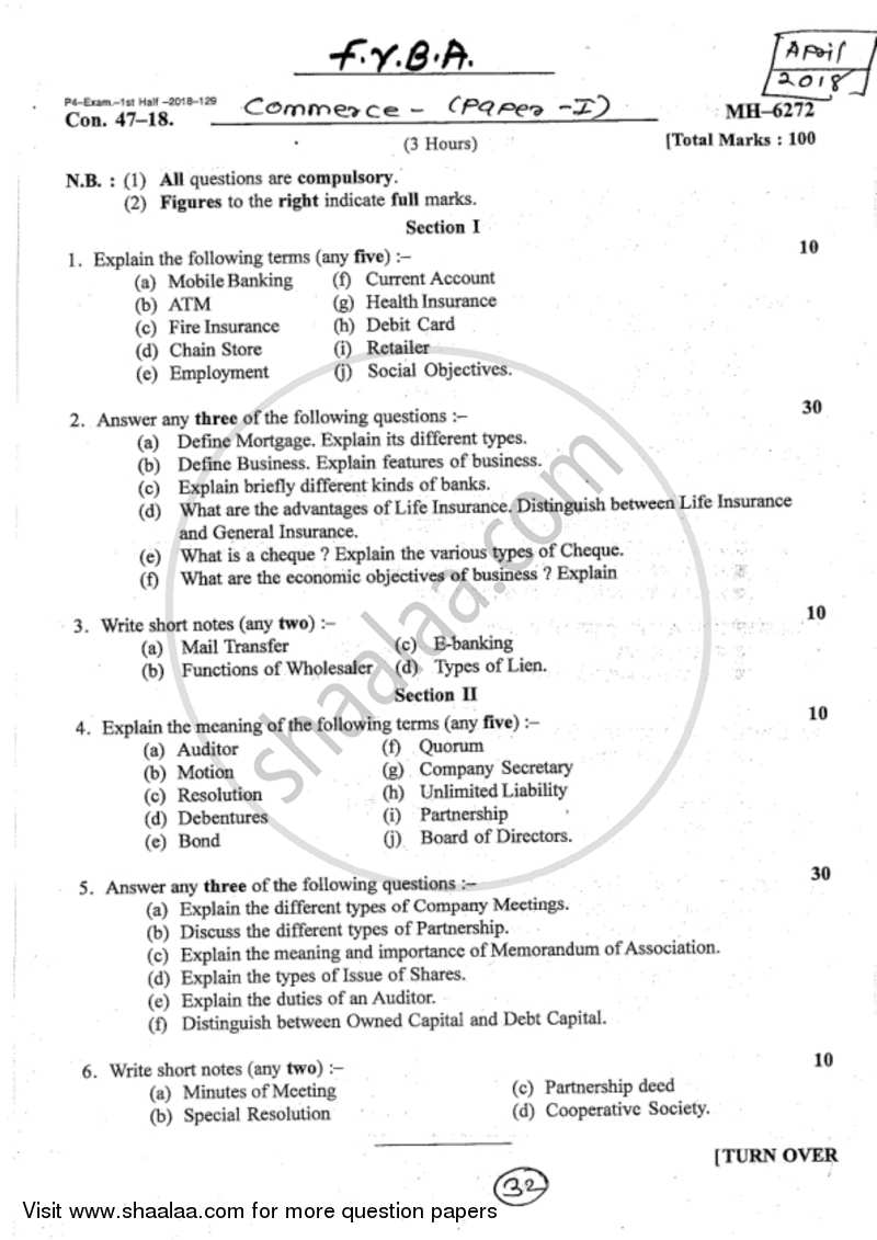 Introduction to Commerce and Business Organisation 2017-2018 - B.A. - 1st Year (FYBA) - University of Mumbai question paper with PDF download