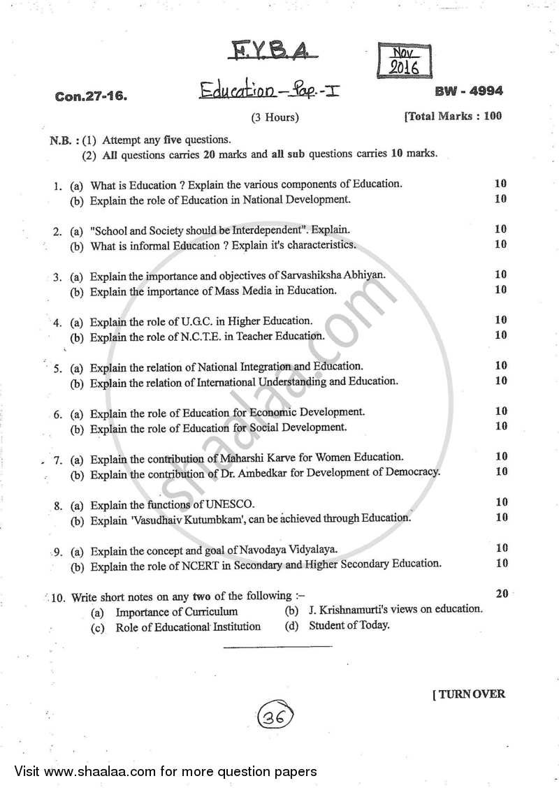 Introduction of Education 2016-2017 - B.A. - 1st Year (FYBA) - University of Mumbai question paper with PDF download