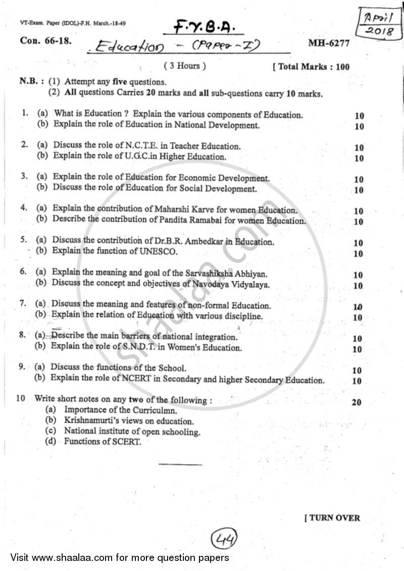 Introduction of Education 2017-2018 - B.A. - 1st Year (FYBA) - University of Mumbai question paper with PDF download