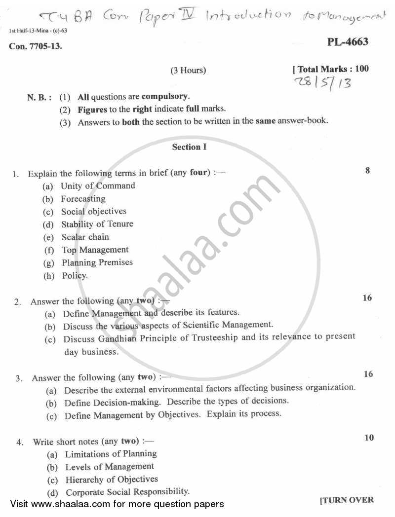 Introduction to Management 2012-2013 - B.A. - 3rd Year (TYBA) - University of Mumbai question paper with PDF download